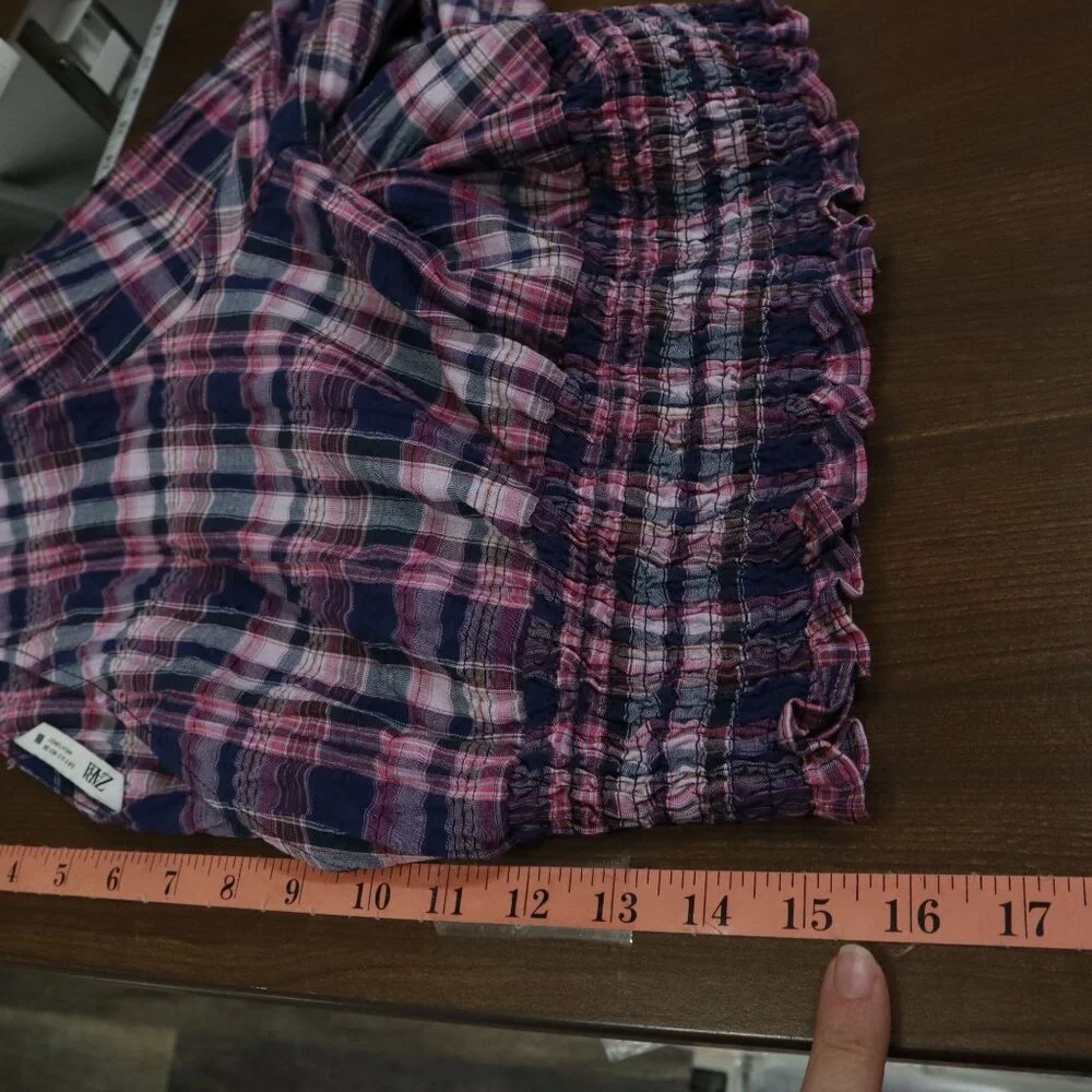 Zara Plaid Crop Top Womens S Blue Puff Sleeve Preppy Picnic Summer Resort Travel